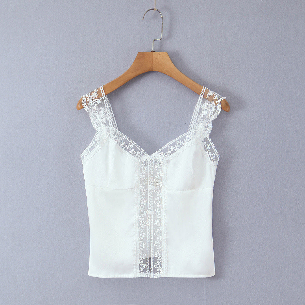 Lace patchwork satin single breasted white top