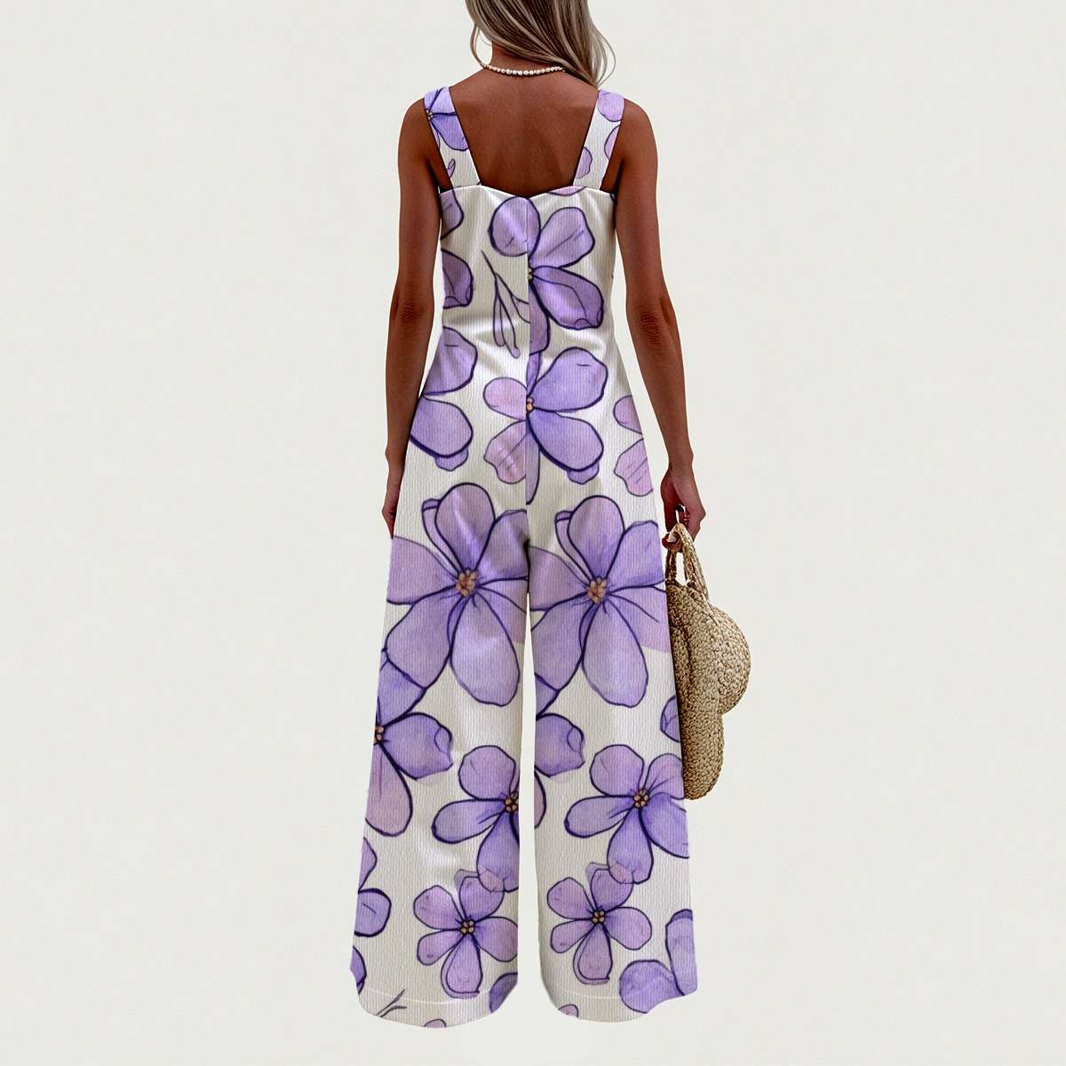 Purple Floral Wide-Leg Linen-Look Jumpsuit Yoycol
