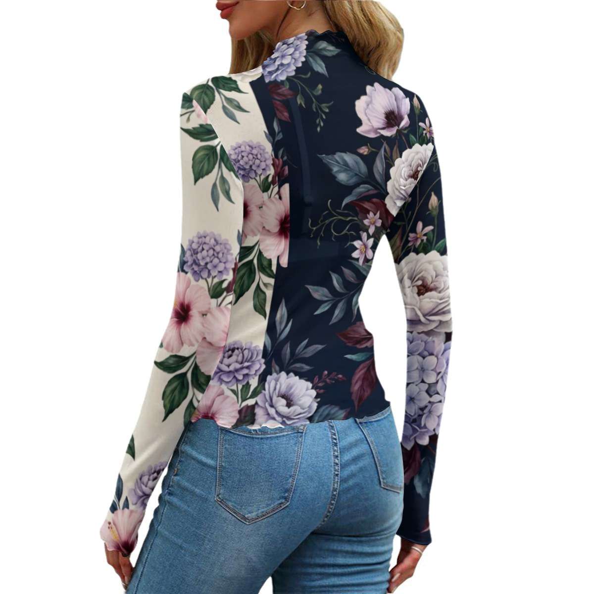 Floral Mesh Longsleeve Skinny Tee Yoycol