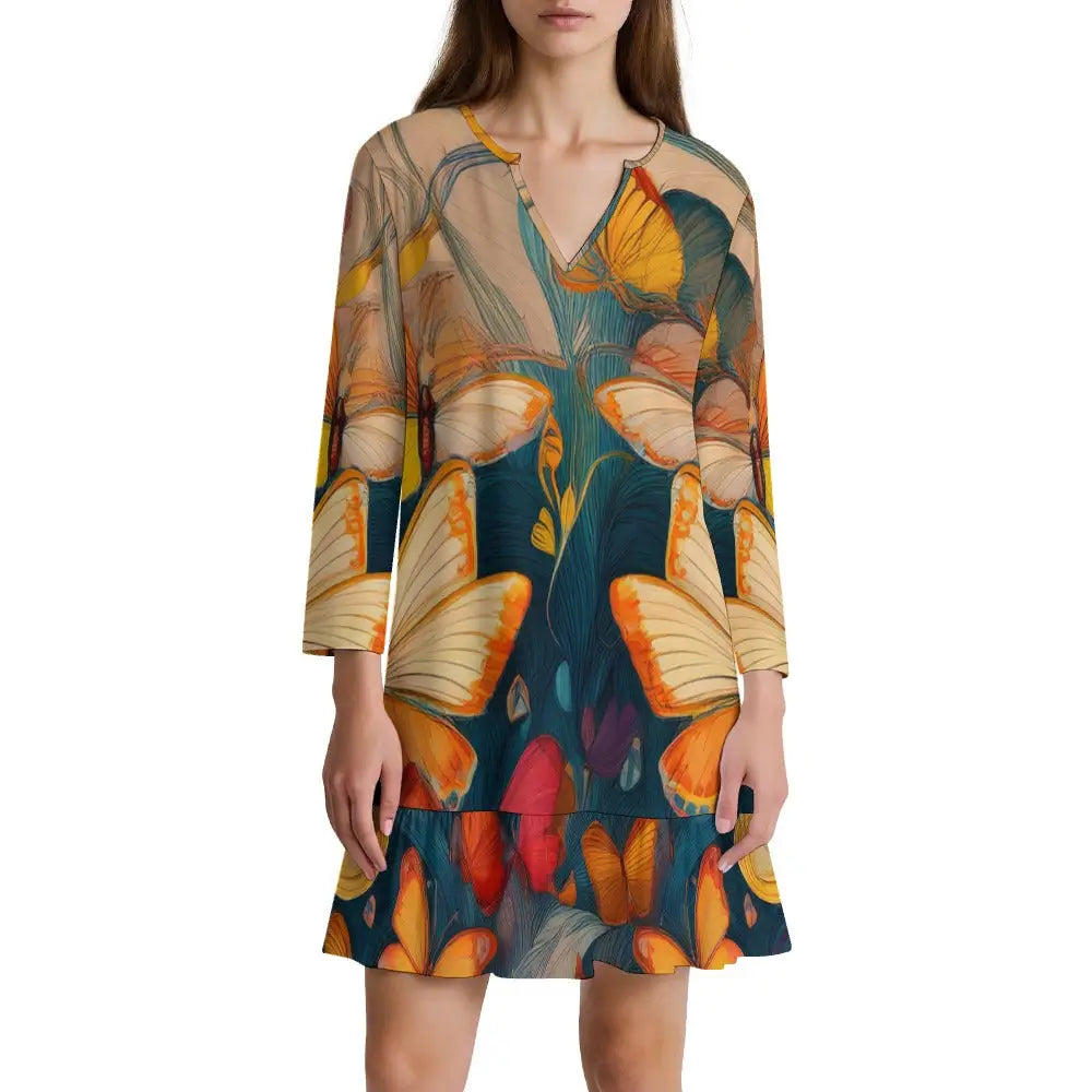 Long-Sleeved Buterfly Print Dress Inkedjoy