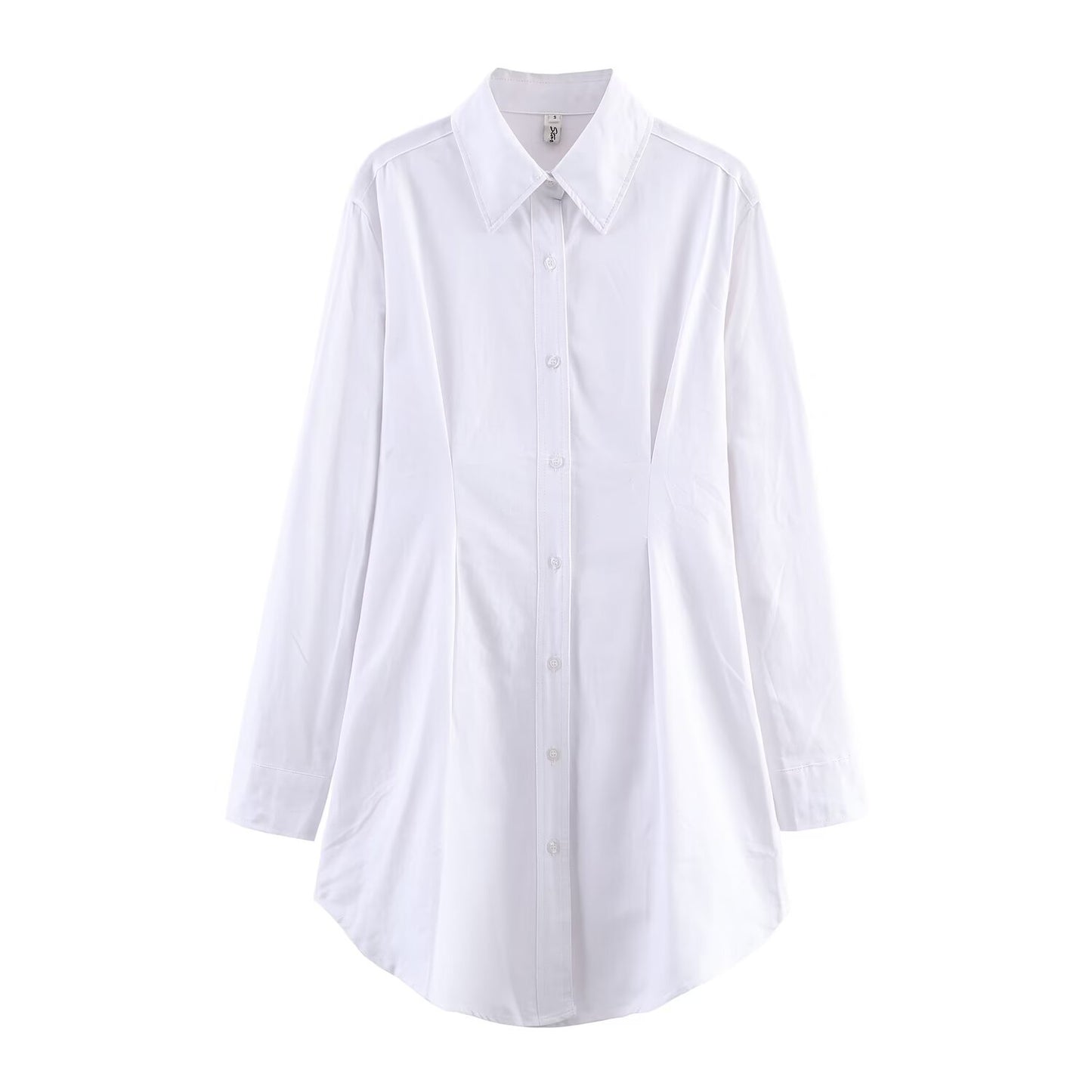 Simple all cotton Oxford long sleeved waist cinched collared shirt