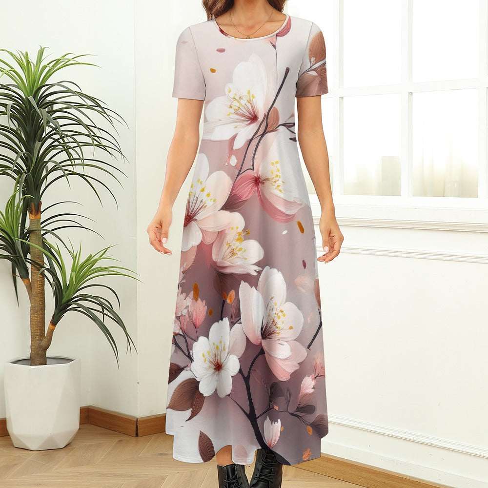 Flower Print Short Sleeve Dress (No Pockets) Inkedjoy