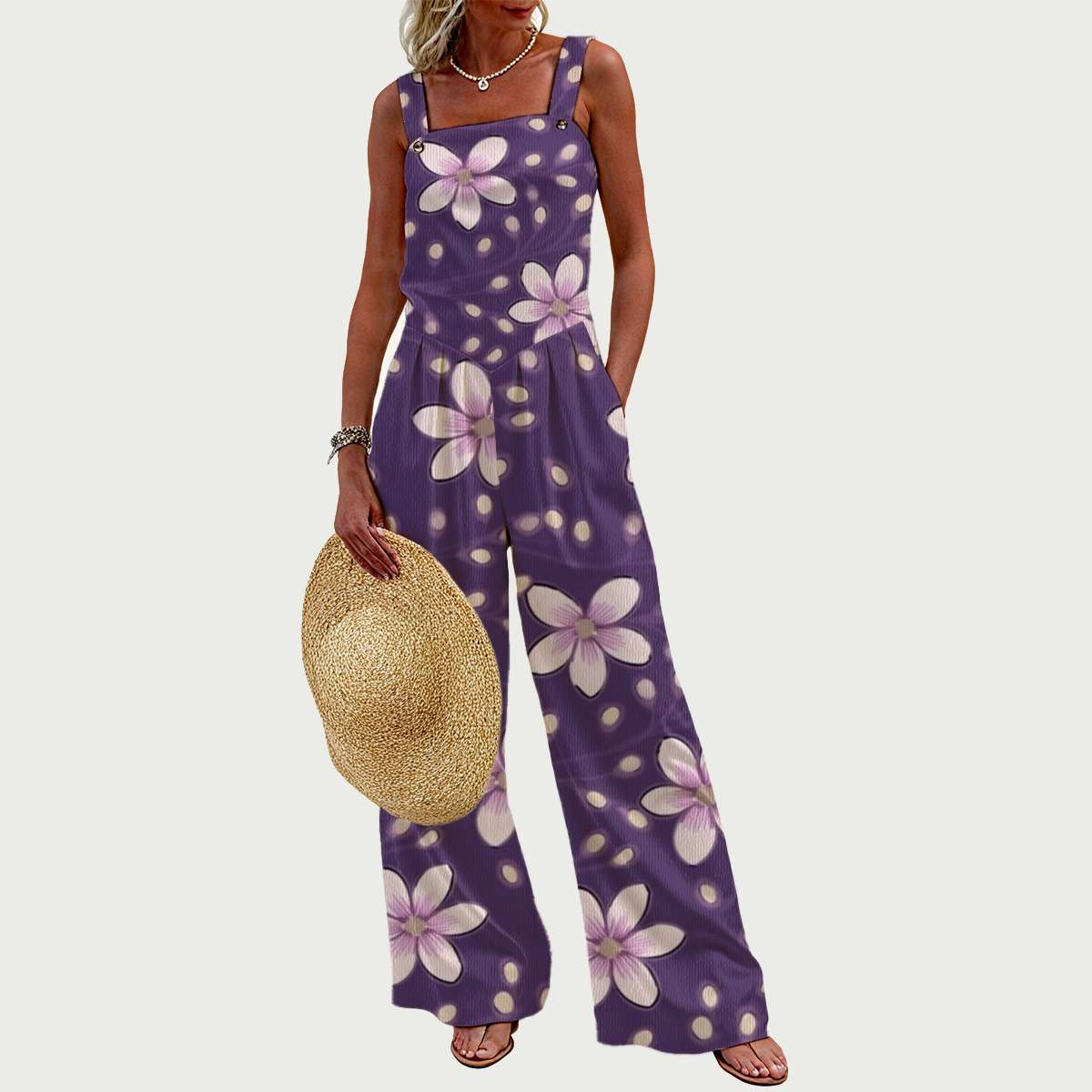 Purple Flowers Wide-Leg Linen-Look Jumpsuit Yoycol