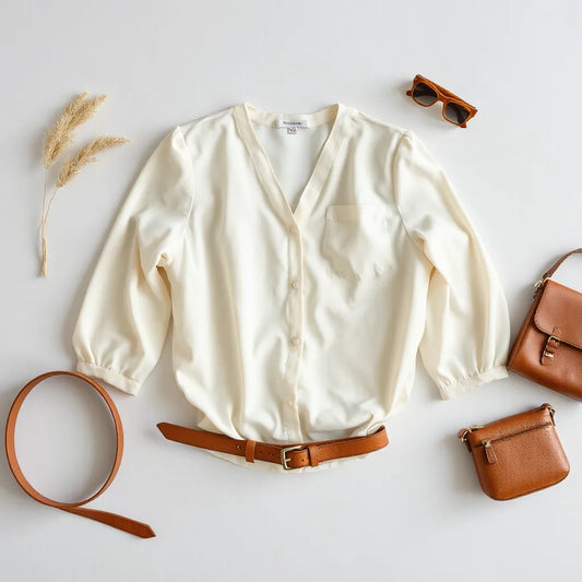 Lightweight polyester blouse with smooth drape on a neutral backdrop, styled with minimal accessories