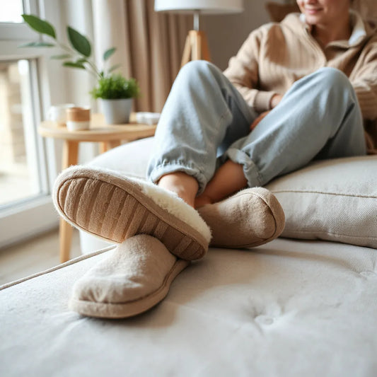 Cushioned comfortable slippers on a seated person in a warm, softly lit living room