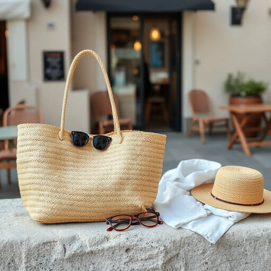Straw tote bag with linen shirt and sunglasses on a sunlit neutral surface