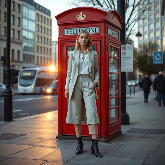 Stylish woman in a London street outfit with blazer and midi dress near a double-decker bus stop