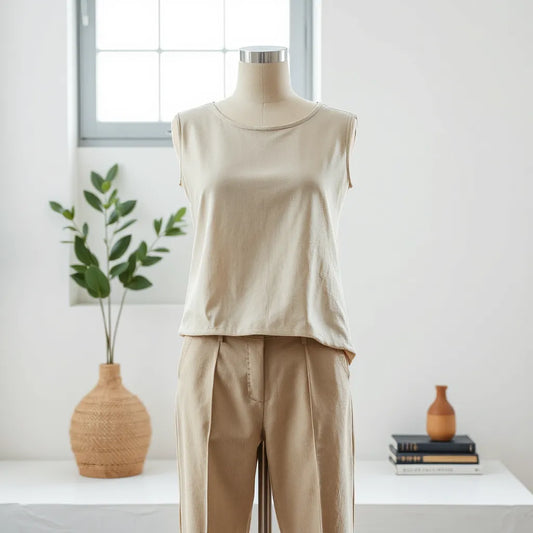 Woman wearing a fitted sleeveless shirt with neutral trousers in soft natural light