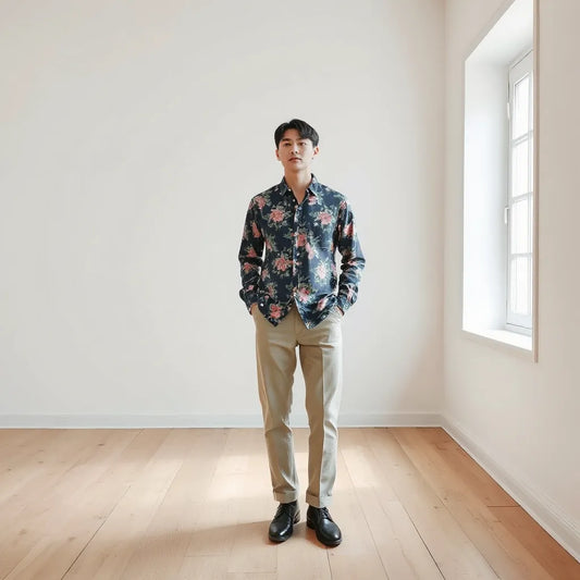 Model wearing a floral flower print button-up shirt styled with tailored trousers in soft daylight