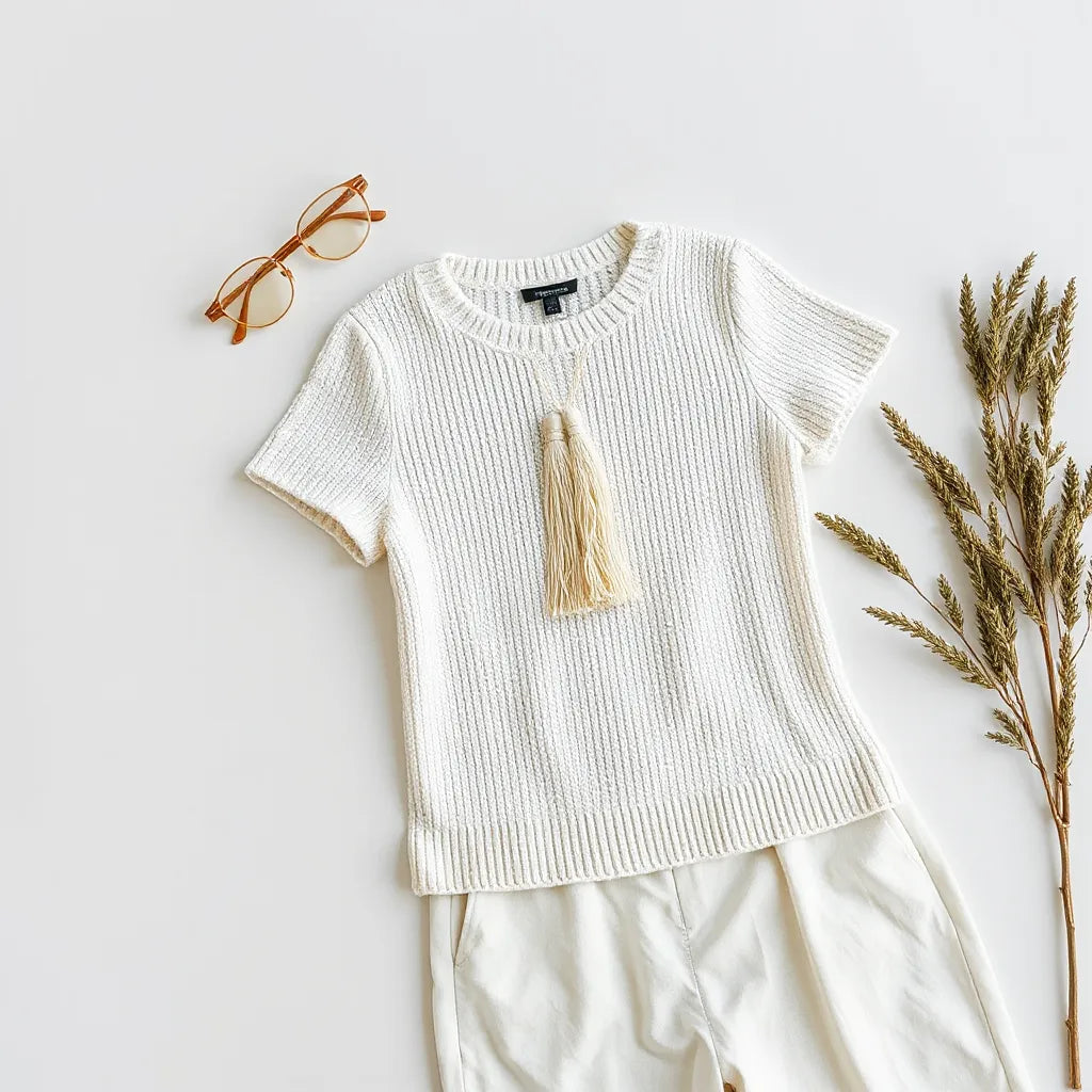 Tassel knit round neck top with visible tassel neckline detail on a neutral styled background