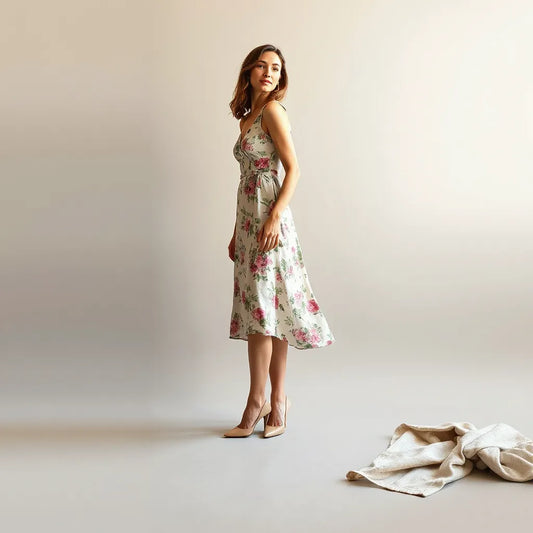 Model wearing a slim fit floral dress with a fitted silhouette against a neutral studio background