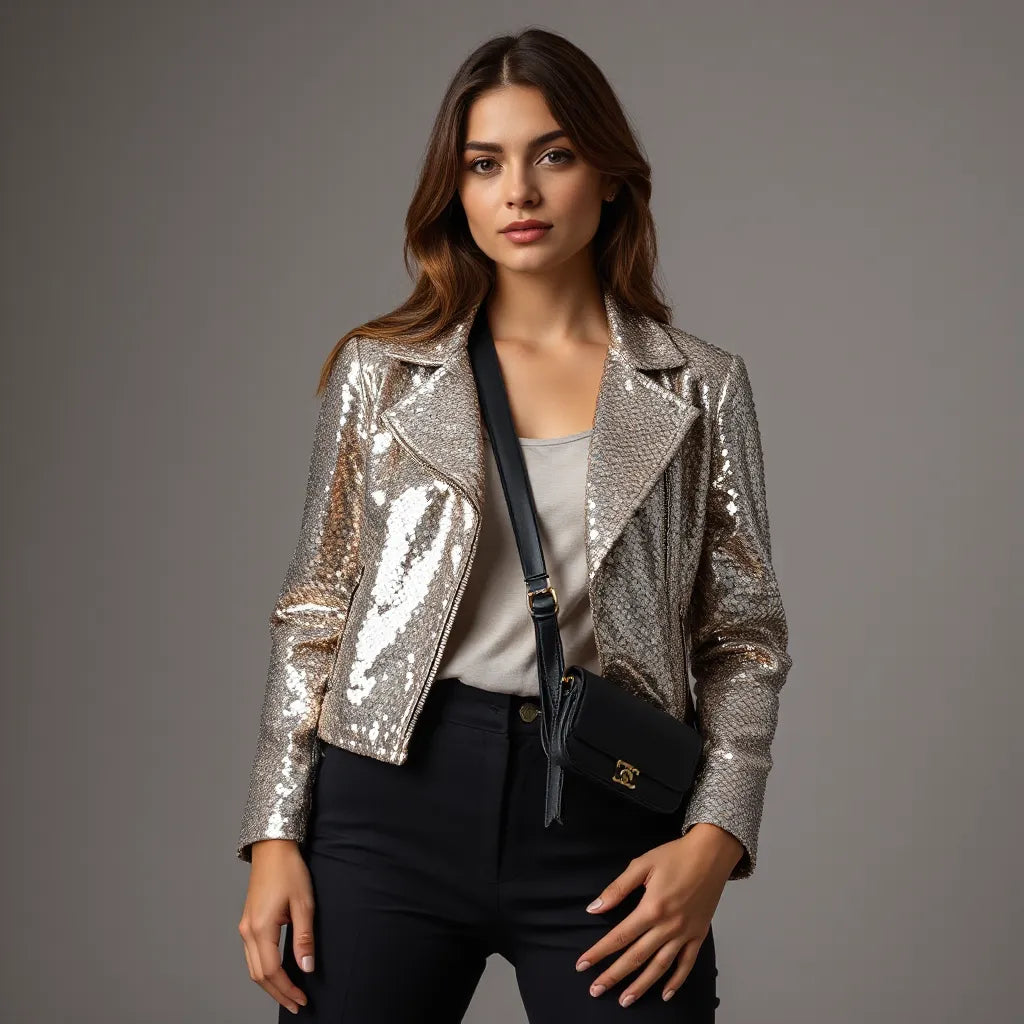 Model wearing a shimmering sequin small jacket styled with neutral basics for a day-to-night outfit