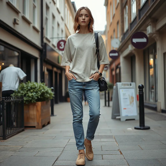 Model wearing an oversized t-shirt styled with slim jeans in natural daylight