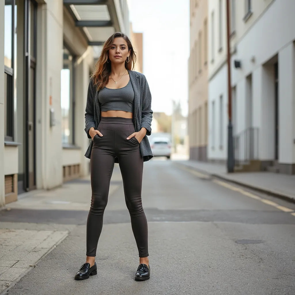 Woman wearing high-waisted leggings with a fitted top and casual jacket outdoors in natural daylight