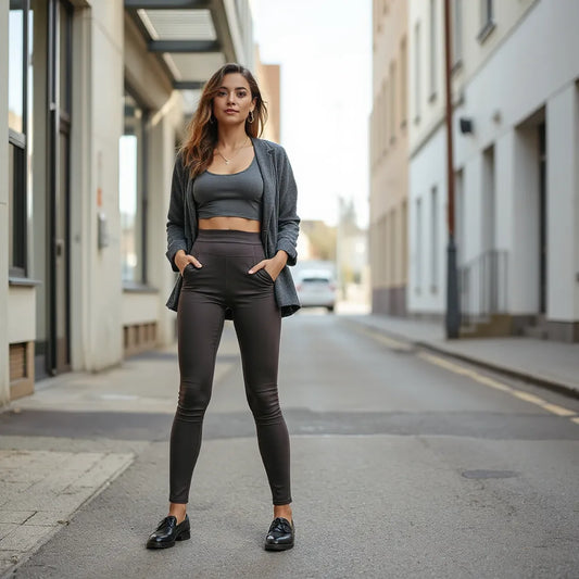 Woman wearing high-waisted leggings with a fitted top and casual jacket outdoors in natural daylight