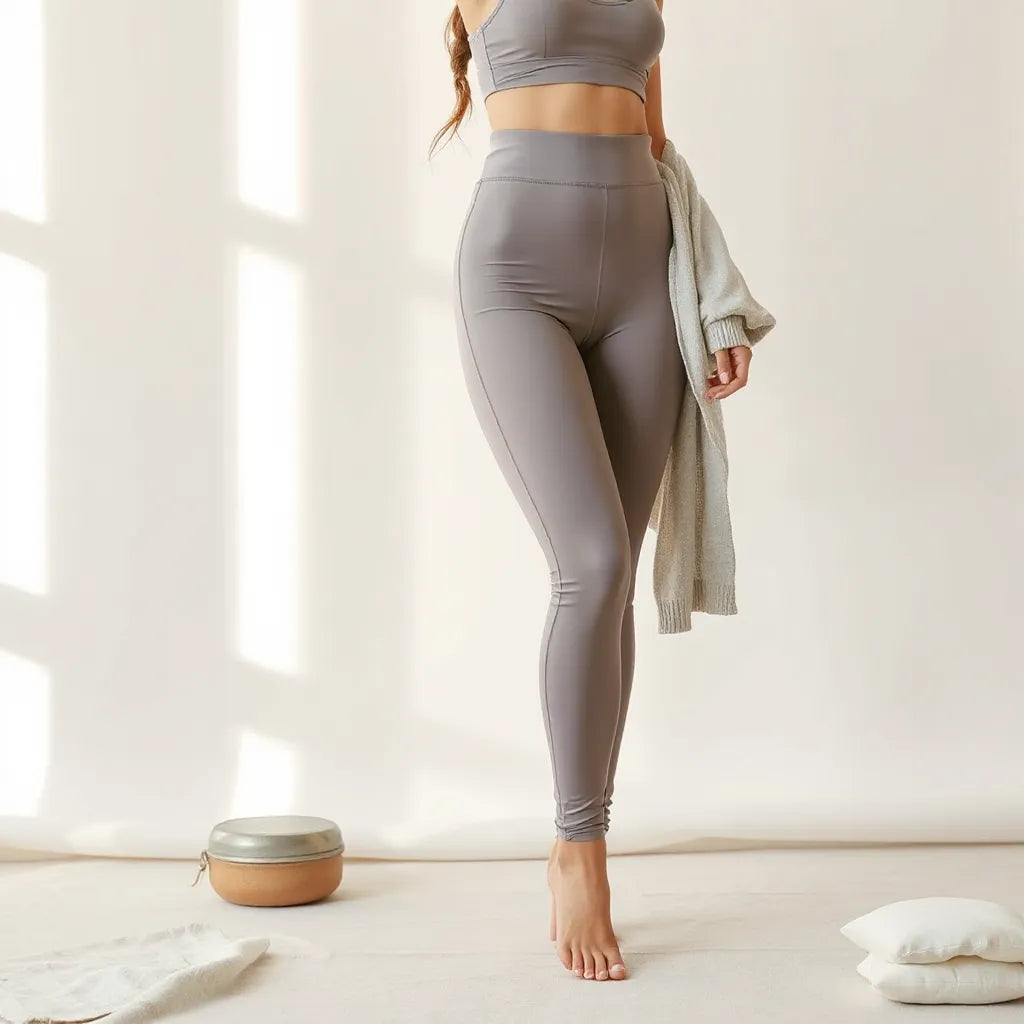 Model wearing fitted high-waisted leggings with a defined waistband in a clean studio setting