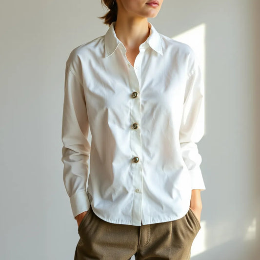 White poplin button-up shirt with decorative jewellery-style buttons styled for an everyday casual look