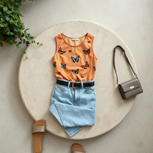 Butterflies sleeveless top styled with denim and accessories on a neutral background