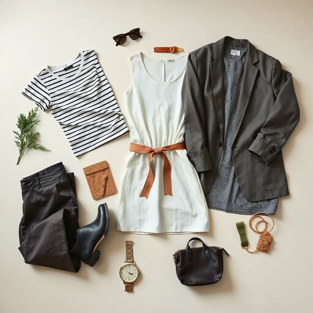 Neatly styled mix-and-match clothing items with accessories on a neutral background