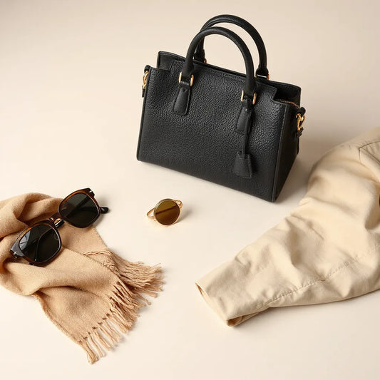 Black handbag with visible hardware, styled with a neutral scarf and trench coat sleeve on a clean background