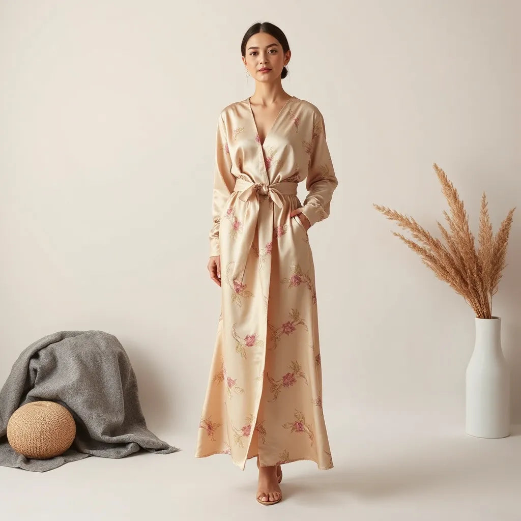 Satin printed belted dress with a defined waist belt in soft studio light