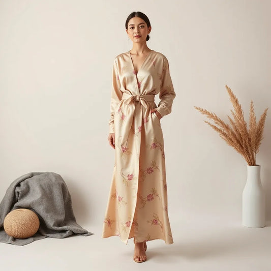 Satin printed belted dress with a defined waist belt in soft studio light