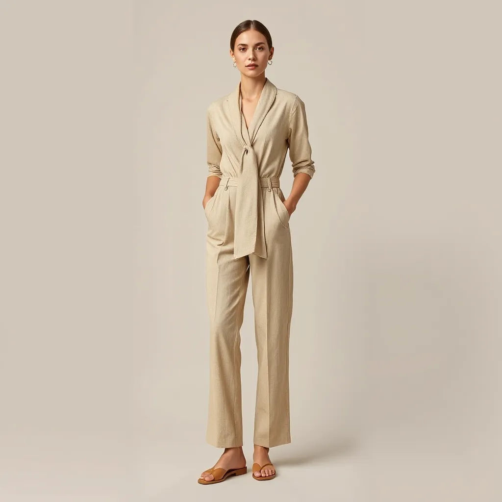 Model wearing a neck tie jumpsuit with a neatly draped scarf tie and tailored legs