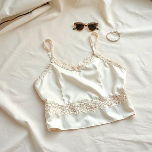 Lace-trim satin strap top with decorative straps on a neutral fabric background