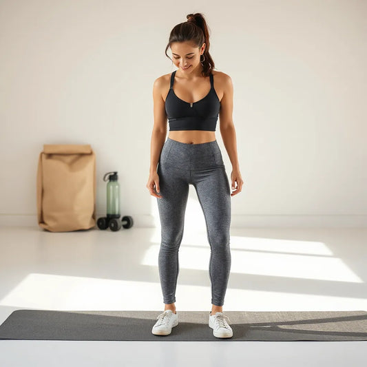 Woman in comfortable activewear with high-waisted leggings and training jacket in a bright, minimal studio.