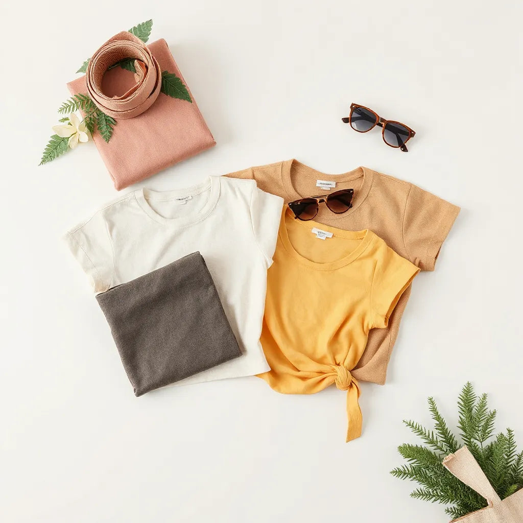 Neatly styled short-sleeved tops in different fabrics and colours arranged on a light background with minimal accessories.