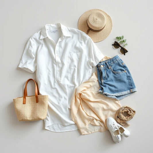 Breathable summer outfits and accessories laid out neatly for an easy everyday look.