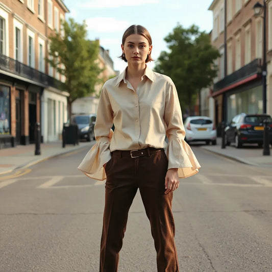 Model wearing a bell sleeve shirt with flowing cuffs, styled with tailored trousers in soft natural light