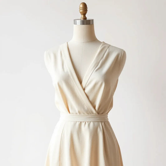 Model in an elegant V-neck design dress with a flattering neckline against a neutral background