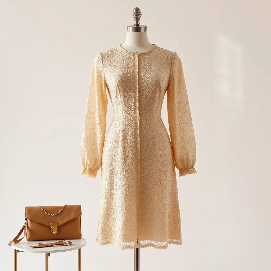 Long sleeved lace dress styled on a mannequin with subtle clutch and jewellery on a neutral background