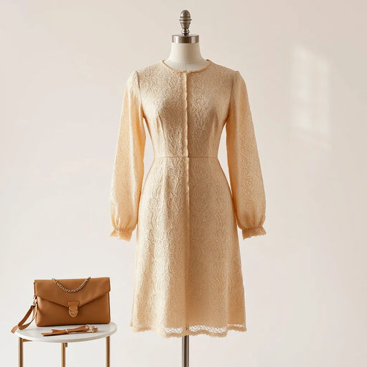Long sleeved lace dress styled on a mannequin with subtle clutch and jewellery on a neutral background