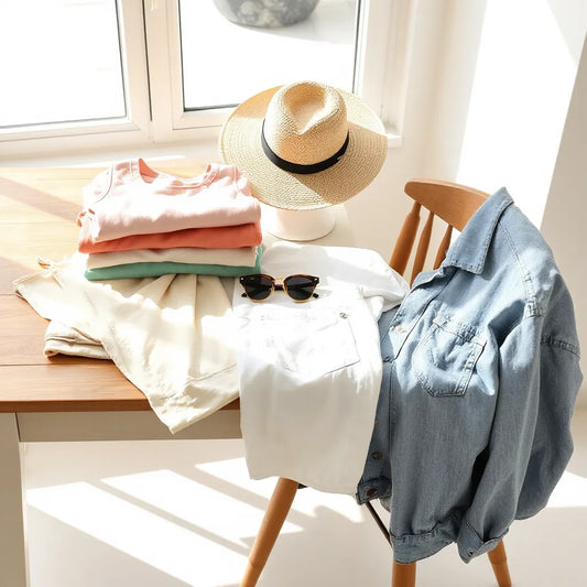 Neatly folded casual summer tops in pastel tones on a table with a denim jacket and straw hat