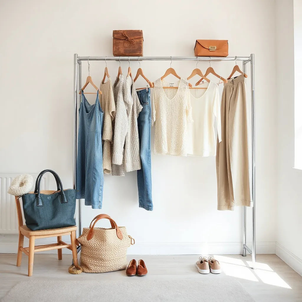 Neatly arranged everyday women’s outfits on a wardrobe rail with shoes and a tote bag in soft natural light