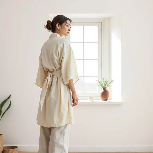Model wearing a flowing women’s kimono over a simple outfit in soft natural light