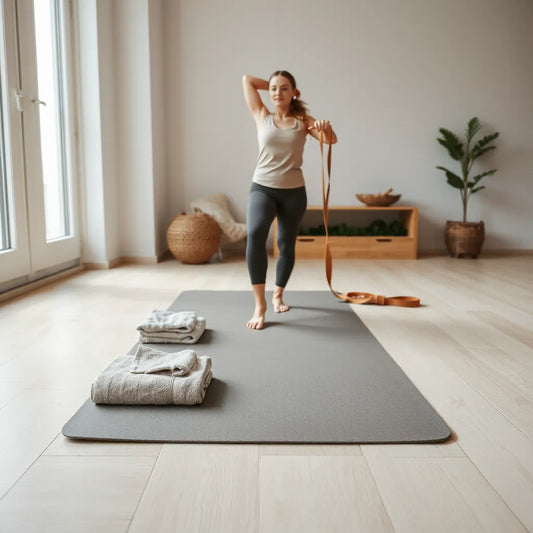 Minimalist yoga setup with a ramp on a wooden floor next to a mat and a person stretching