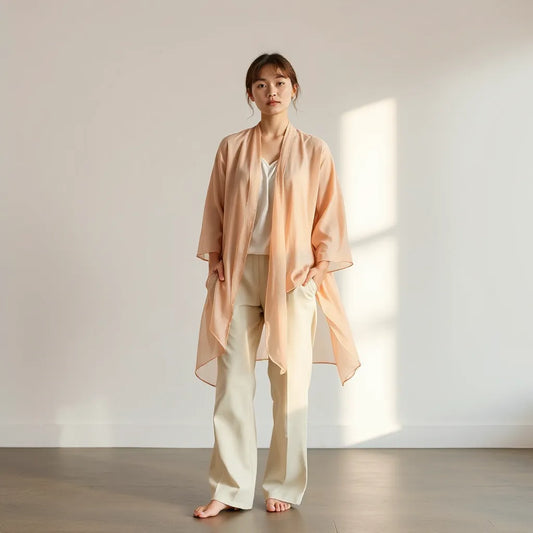 Model wearing a lightweight chiffon kimono with flowing fabric over a simple outfit in soft natural light