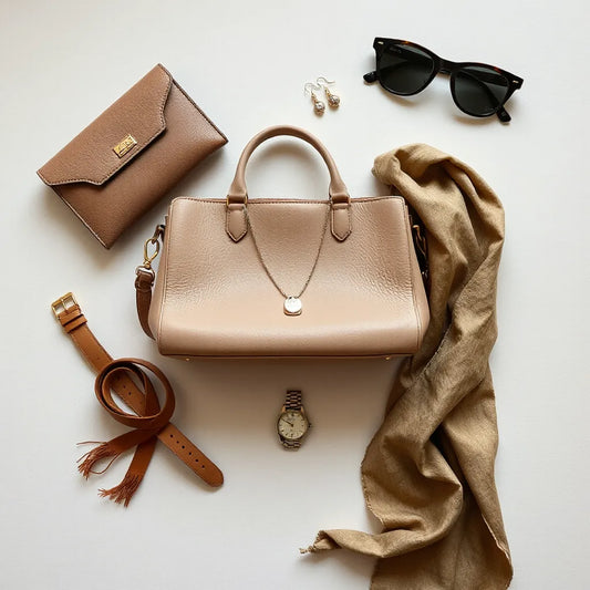 Structured handbag, jewellery, scarf, belt, watch and sunglasses laid out neatly on a neutral background