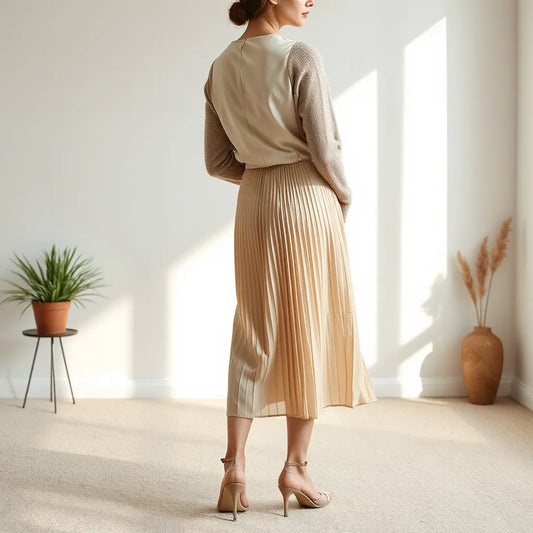 Satin back pleated dress with visible pleats and sheen in a softly lit, minimal outfit shot