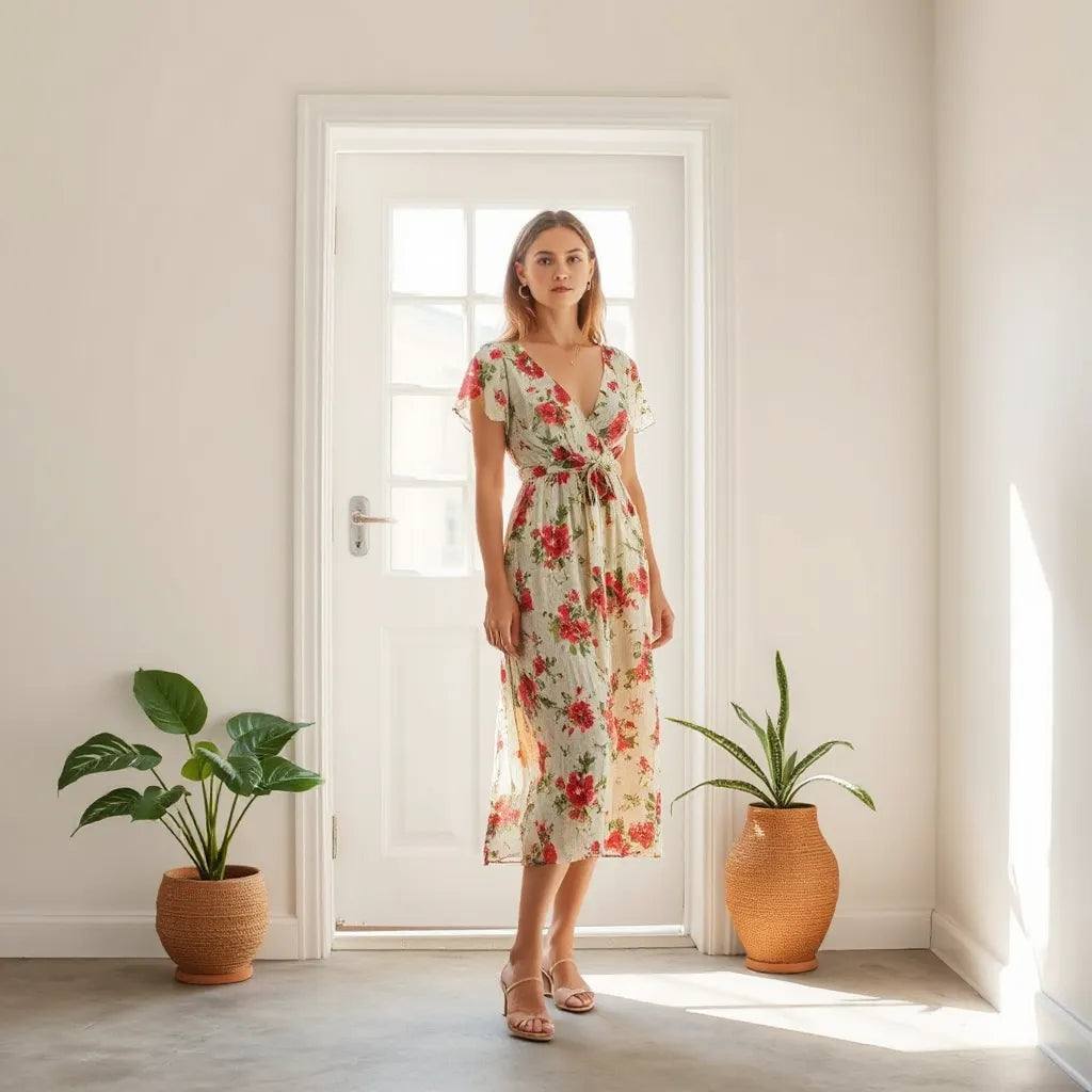 Woman in a lightweight floral summer dress outdoors in soft daylight with greenery in the background