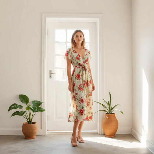 Woman in a lightweight floral summer dress outdoors in soft daylight with greenery in the background