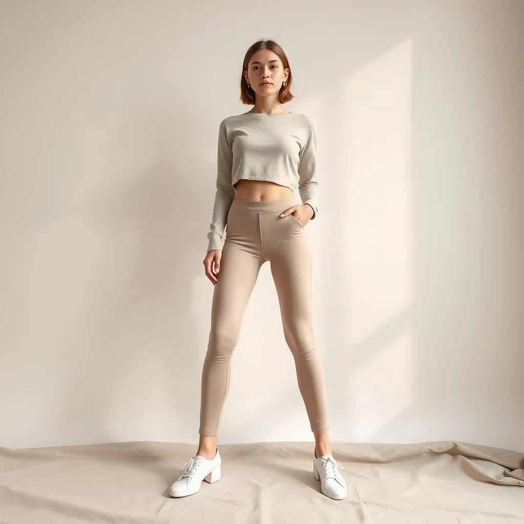 Model showcasing high-waisted leggings waistband and flattering fit in a clean, minimal studio setting