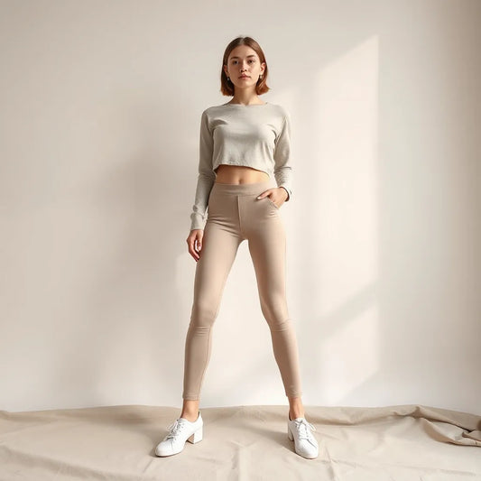 Model showcasing high-waisted leggings waistband and flattering fit in a clean, minimal studio setting