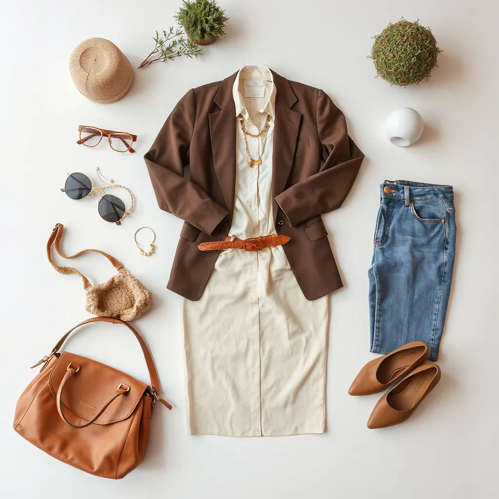 Curated women’s fashion essentials with blazer, blouse, midi skirt, bag, and minimalist jewellery on a light background