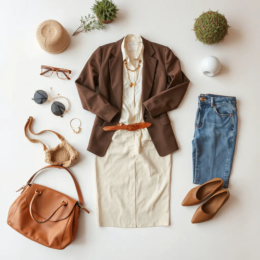 Curated women’s fashion essentials with blazer, blouse, midi skirt, bag, and minimalist jewellery on a light background