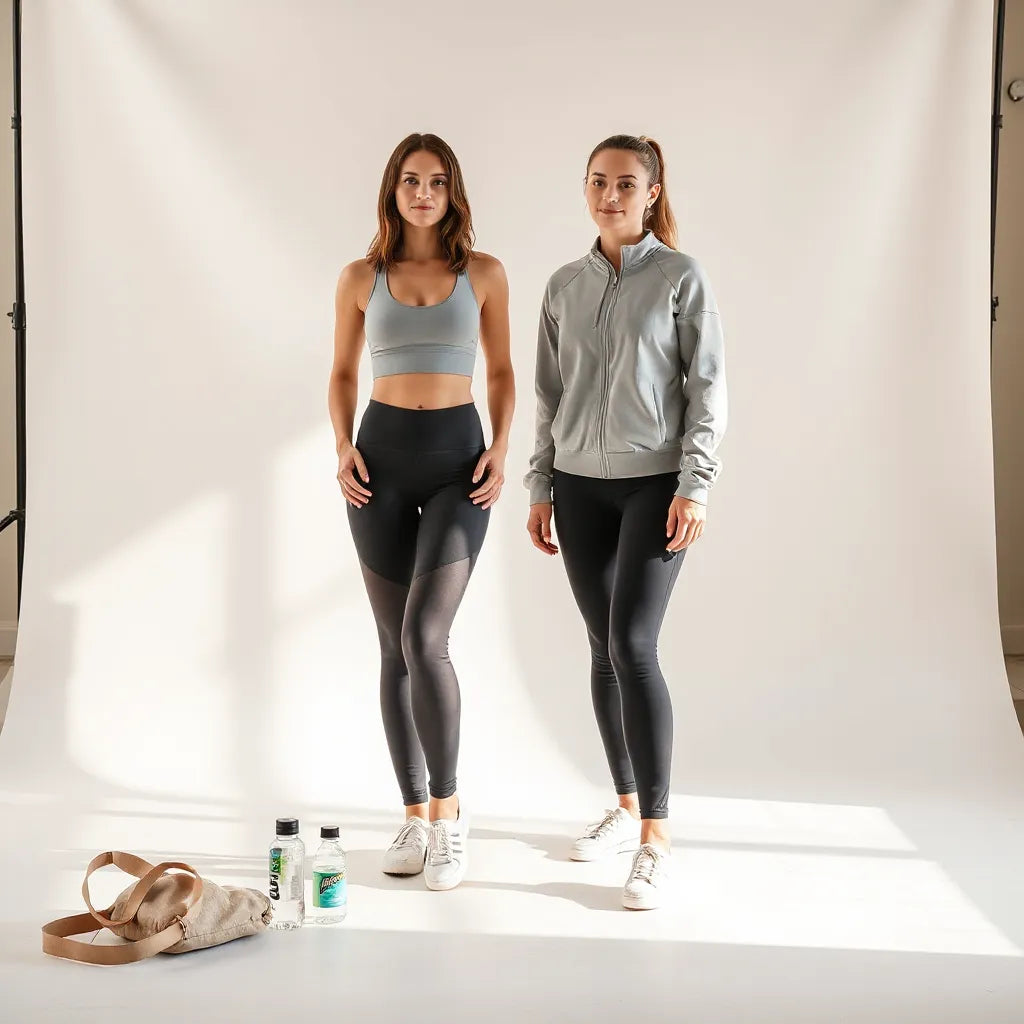 Woman in comfortable activewear with leggings and a zip jacket in soft natural light