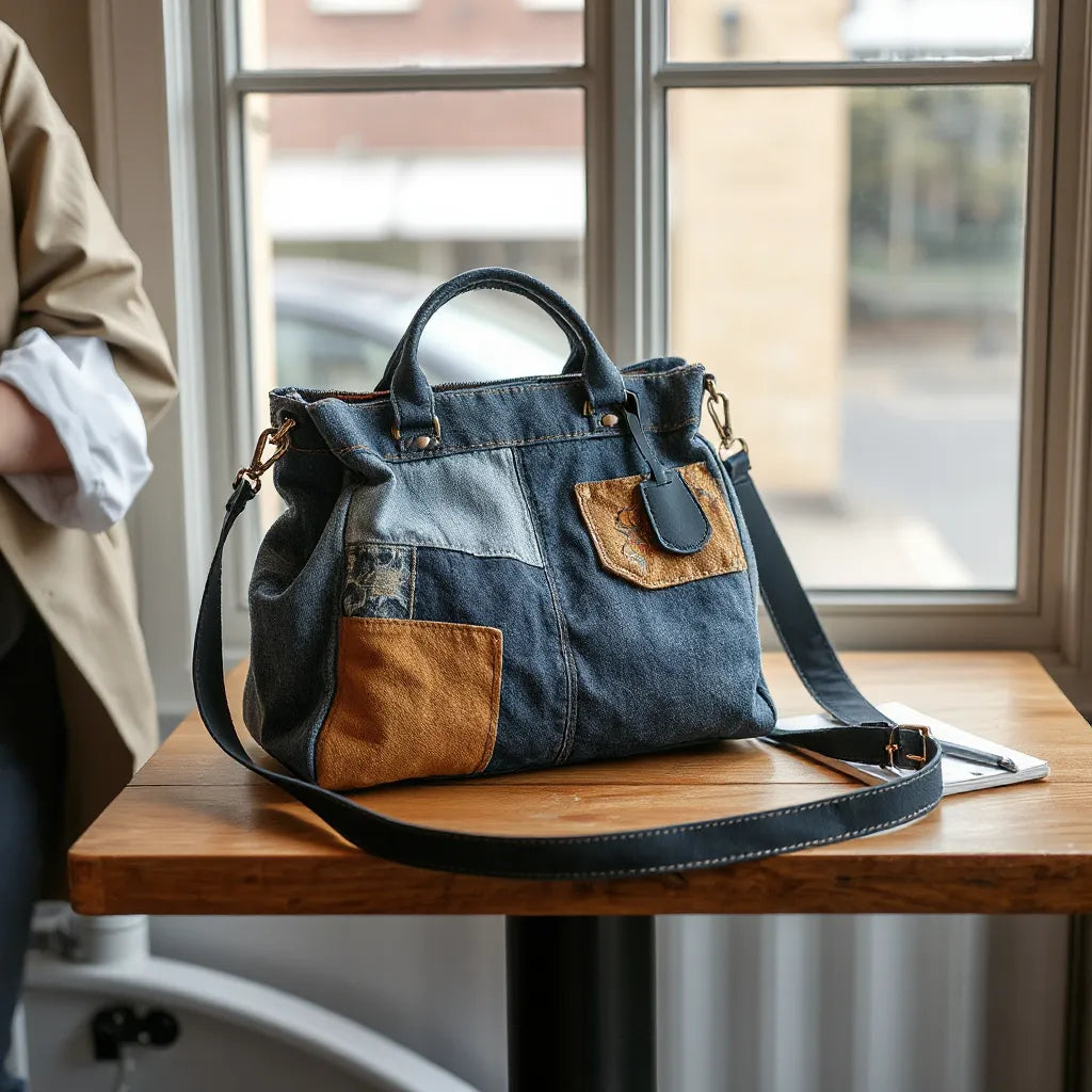 Patched denim bag on a café table with subtle casual outfit styling nearby